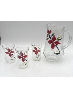 Vintage 1950's Hand-Painted Glass Pitcher & 3 Tumblers Red Floral Design MCM